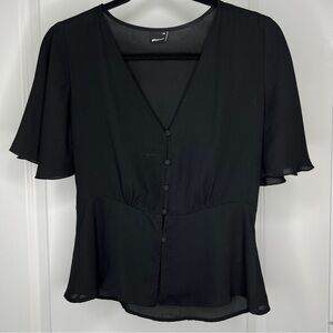 Gina tricot Black Button-Down V-Neck Blouse Flutter Sleeve Polyester 4-6 Small